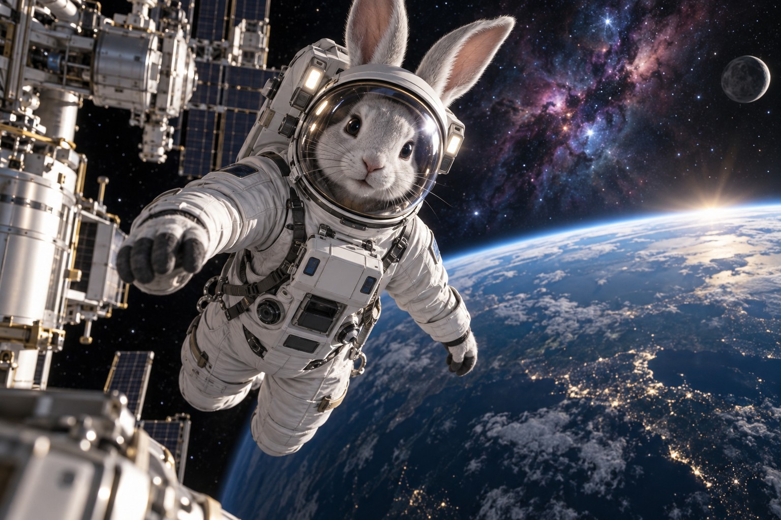 A rabbit astronaut in a white suit floating outside a space station with Earth behind