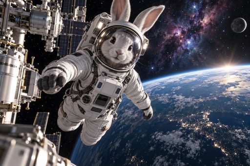 A rabbit astronaut in a white suit floating outside a space station with Earth behind