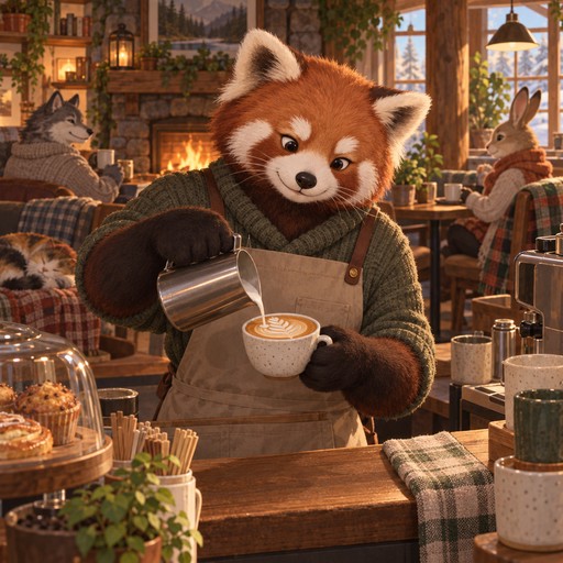 A red panda barista in an apron pouring latte art in a cozy cafe