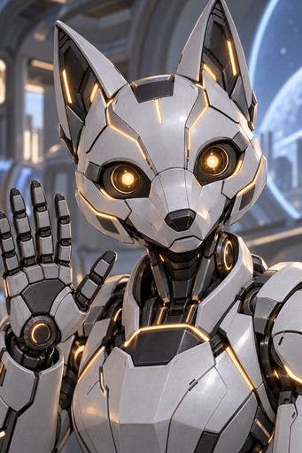 A friendly robot fox in rounded armor waving hello, head and shoulders portrait, panel lines glowing