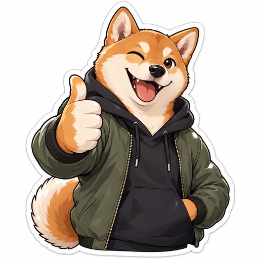 A happy shiba in a hoodie giving a thumbs up