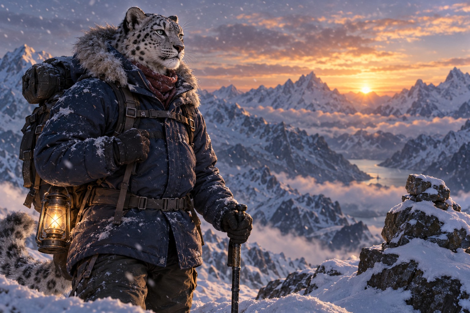 A snow leopard mountaineer in a parka on a windy summit at dawn