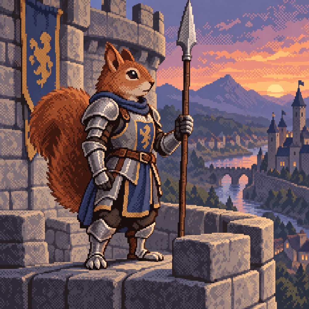 A squirrel knight in tiny armor standing guard on a castle wall