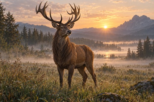 A majestic stag standing in a misty meadow at sunrise