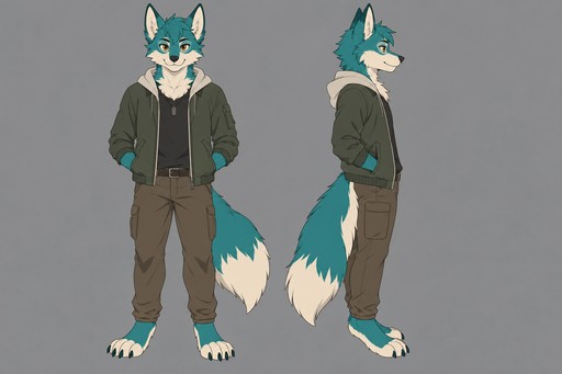 A teal and cream fox character in a jacket shown from the front and the side