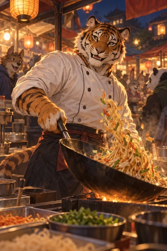 A tiger chef in a white jacket tossing noodles at a busy night market stall