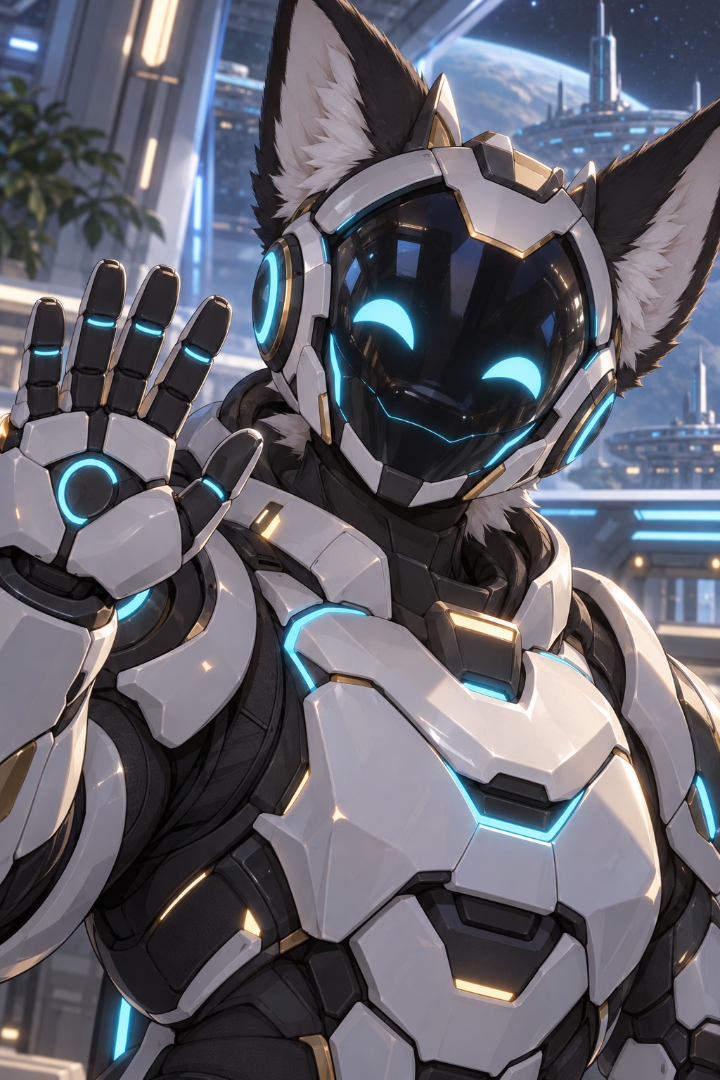 A visor-faced tech character in bulky rounded armor waving hello, head and shoulders portrait, panel lines glowing
