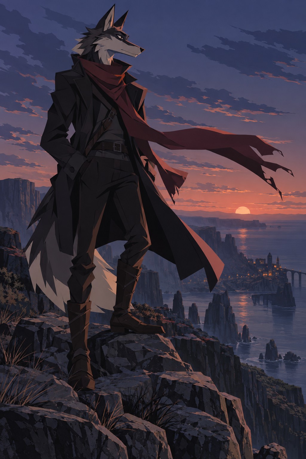 A sharp-muzzled wind rider in a long scarf and coat standing on a cliff at dusk