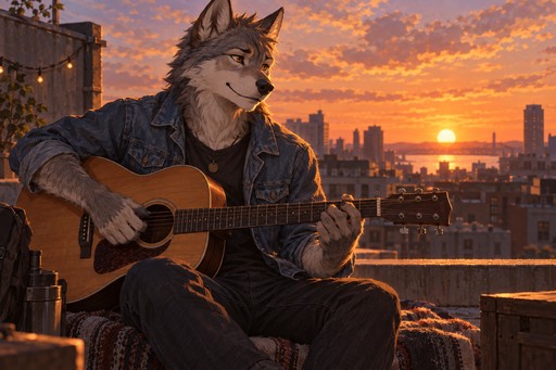 A wolf musician in a denim jacket playing guitar on a rooftop at sunset