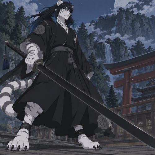male white tiger anthro, black hair to the shoulders with blue tips, blue eyes, digitigrade footpaws, inuyasha style, black odachi
