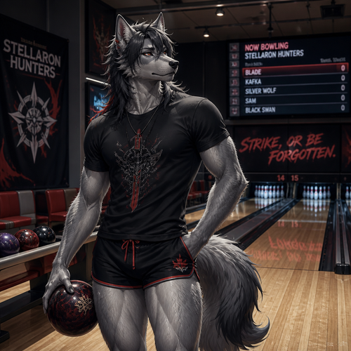 A well-made version of Blade from Stellaron Hunters as a silver fur anthro Wolf who’s about to go bowling and wear short shorts and a T-shirt.