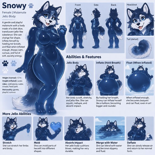 A female anthropomorphic malamute named Snowy that has a body made of a dark blue jello-like substance, reference sheet, one big picture, can inflate herself by holding her breath, can float when she’s inflated enough, shows her abilities of a jello body