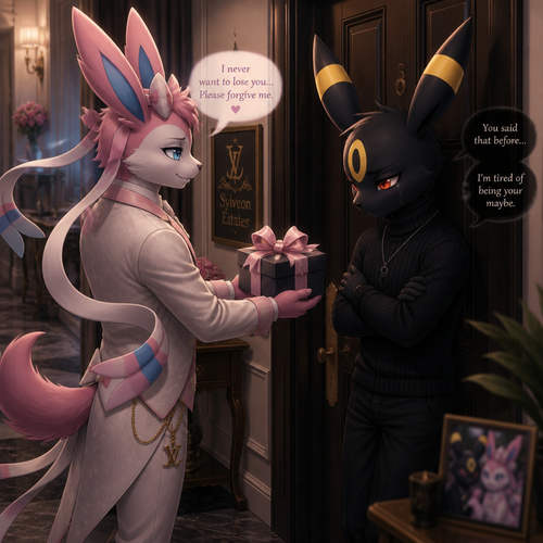 You are a rich male Sylveon FP, who’s offering an apology gift with a bow on it, facing an unhappy male Umbreon that wears black sweater standing on a front door inside residence still heart broken. In an anthropomorphic universe.
