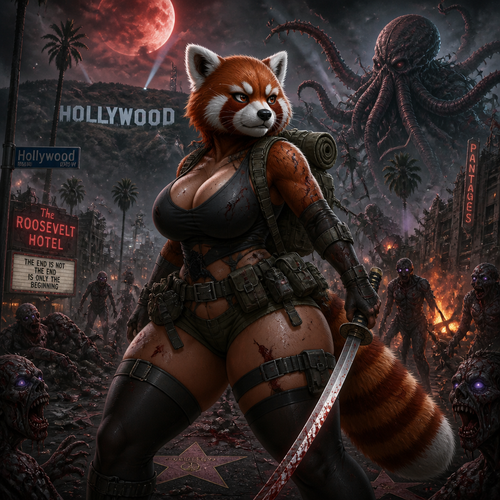 A busty well-made adult anthro red Panda that has thick thighs and survival gear on and holding a saber sword facing a mixed up dark spicy lovecraft zombie apocalypse, in Hollywood alone. 