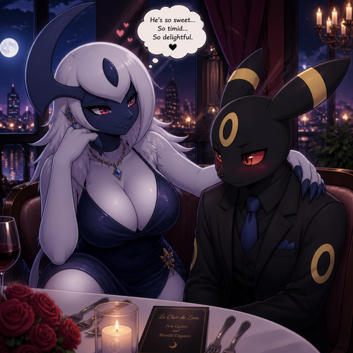 A well-made busty female Pokemon character, Absol. wears an elegant dress and eyeliner. Tall and gorgeous. Dating a shy male Umbreon with a blush. Patient. Has a flirty feeling. Thinking about how sweet and delightful. On a fancy restaurant at night. An animated universe.