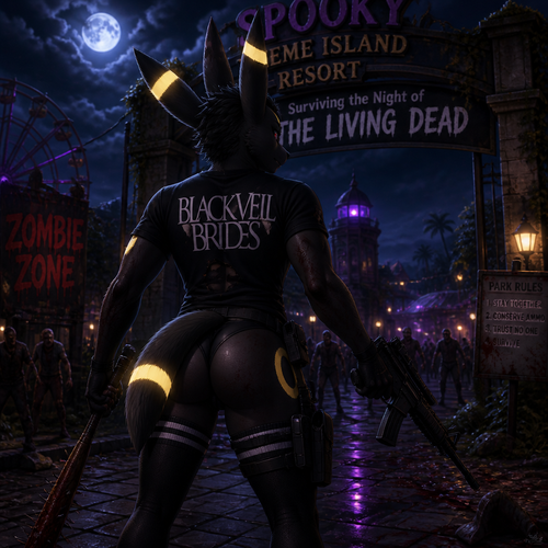 A well-made homosexual male anthro Umbreon with thigh highs and buttocks also wears a T-shirt that says Black veil Brides, surviving the night of the living dead at the spooky theme island resort. Well-made animated version. Has a tail on a tailbone. Has agility and endurance. Learned how to use melee and firearm weapons. Back View.