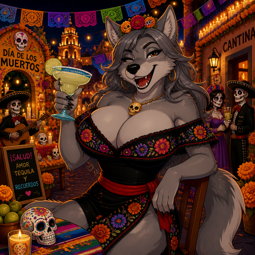 A grown busty female grey Wolf who is having a blast and drinking margaritas on today’s Day of the Dead in Mexico. Animated version. 