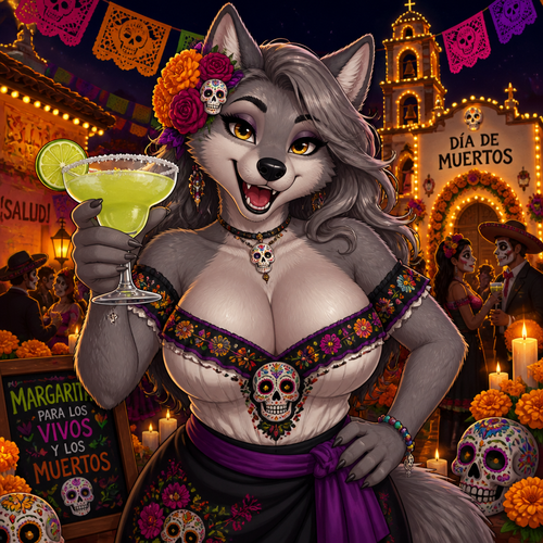 A lovely grown busty female grey Wolf who is having a blast and drinking margaritas on today’s Day of the Dead in Mexico. Animated version. Giving a friendly show off front view.