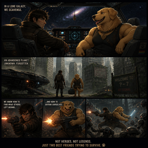 In a lone galaxy, a well-made animated version. In a spaceship, a human pilot/scavenger, and his best friend a thick homosexual anthro gay golden retriever with floppy ears. Both finding themselves on a scavenging hunt and knows how to defend themselves from any threats even some robots. In an abandoned planet unknown in a concrete jungle.