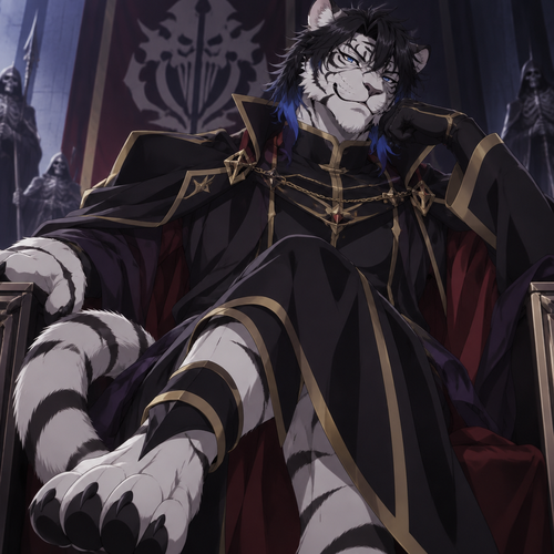 Male, anthro white tiger, digitigrade footpaws, thick black hair with blue tips, blue eyes, Overlord Style, Smirking
