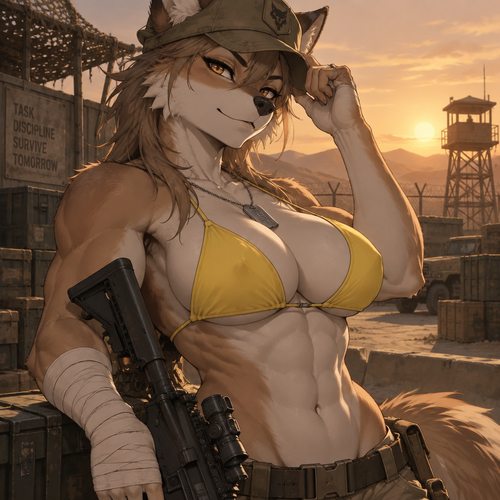 A high-quality 2D anime-style digital illustration depicting an anthropomorphic furry character with an attractive, muscular physique—showcasing powerful biceps, a full bust, and defined abs. She wears a weathered olive-green military cap and a bright yellow bikini top, maintaining a confident expression. Her right arm is heavily wrapped in white bandages extending from the wrist to the mid-forearm, and she holds a black tactical rifle. She strikes a confident, slightly provocative pose set against a desert military base; the silhouette of a distant watchtower and a wire fence stand out against a hazy, orange-hued sky. The composition is a half-body shot focusing on the character's torso and face, captured from a dramatic angle. Directional lighting creates soft shadows that accentuate the contours of her silhouette. The color palette is dominated by muted earthy tones, contrasting sharply with her fur and the vibrant yellow of her swimwear. The atmosphere is rugged yet serene.