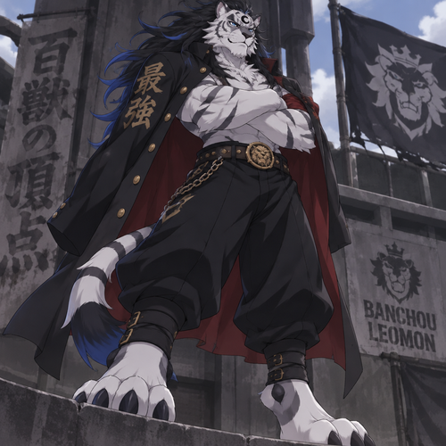 Male, white tiger, blue eyes, long black hair with blue tips, digitigrade footpaws, black sideways crescent on forehead, anime style, banchou leomon, digimon, arms folded
