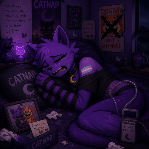In a smiling critters universe, anthropomorphic and animated versions. Catnap is laying on his bed at his house, crying in his eyes closed, heartbroken by broken up with his ex friend (DogDay) despite his poppy smoke lungs cancer. Wears eyeliner and came as trans. Never cut to be a sandman.